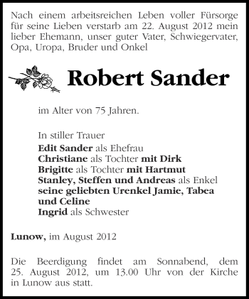 Traueranzeige von Robert Sander von Märkische Oderzeitung