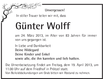 Traueranzeige von Günter Wolff von Märkische Oderzeitung