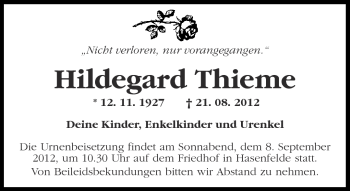 Traueranzeige von Hildegard Thieme von Märkische Oderzeitung