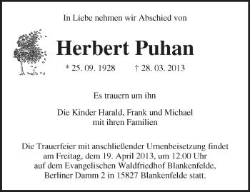 Traueranzeige von Herbert Puhan von Märkische Oderzeitung