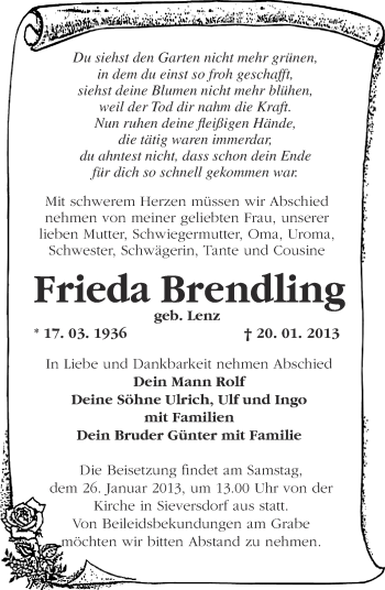 Traueranzeige von Frieda Brendling von Märkische Oderzeitung