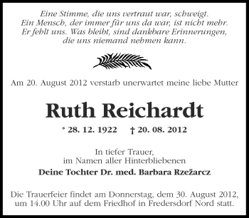 Traueranzeige von Ruth Reichardt von Märkische Oderzeitung