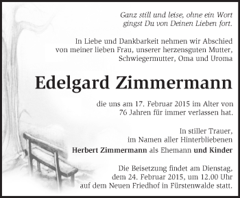Traueranzeige von Edelgard Zimmermann von Märkische Oderzeitung