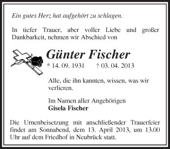 Traueranzeige von Günther Fischer von Märkische Oderzeitung