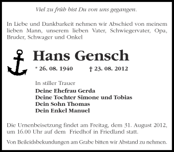 Traueranzeige von Hans Gensch von Märkische Oderzeitung