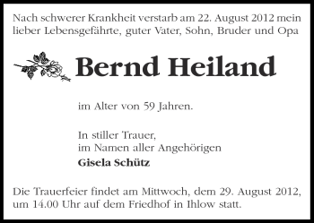 Traueranzeige von Bernd Heiland von Märkische Oderzeitung