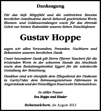 Traueranzeige von Gustav Hoppe von Märkische Oderzeitung