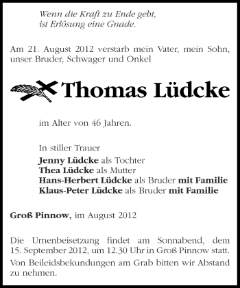 Traueranzeige von Thomas Lüdcke von Märkische Oderzeitung