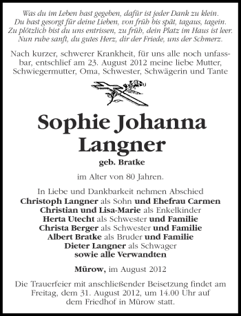 Traueranzeige von Sophie Johanna Langner von Märkische Oderzeitung