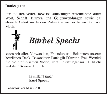 Traueranzeige von Bärbel Specht von Märkische Oderzeitung