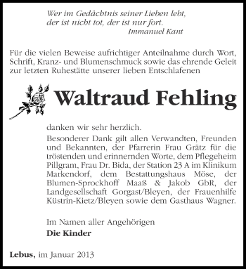 Traueranzeige von Waltraud Fehling von Märkische Oderzeitung