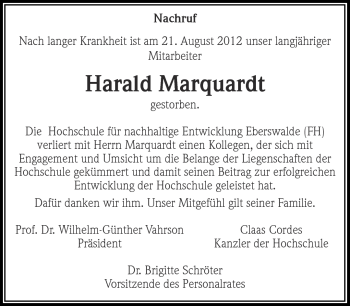 Traueranzeige von Harald Marquardt von Märkische Oderzeitung