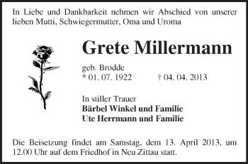 Traueranzeige von Grete Millermann von Märkische Oderzeitung