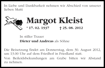 Traueranzeige von Margot Kleist von Märkische Oderzeitung