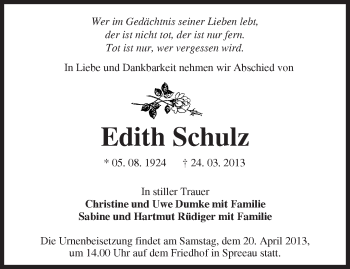 Traueranzeige von Edith Schulz von Märkische Oderzeitung