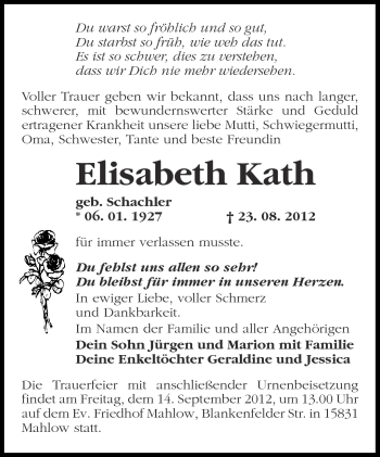 Traueranzeige von Elisabeth Kath von Märkische Oderzeitung