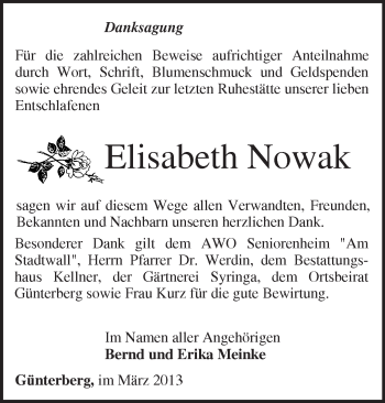 Traueranzeige von Elisabeth Nowak von Märkische Oderzeitung