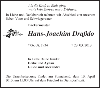 Traueranzeige von Hans-Joachim Draßolo von Märkische Oderzeitung