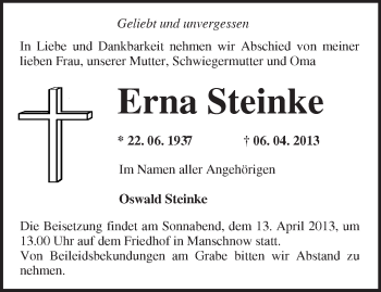 Traueranzeige von Erna Steinke von Märkische Oderzeitung