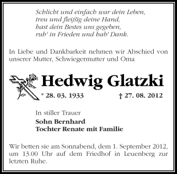 Traueranzeige von Hedwig Glatzki von Märkische Oderzeitung