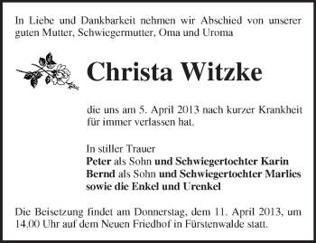 Traueranzeige von Christa Witzke von Märkische Oderzeitung