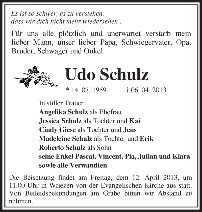 Traueranzeige für Udo Schulz vom 09.04.2013 aus Märkische Oderzeitung