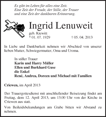 Traueranzeige von Ingrid Lenuweit von Märkische Oderzeitung