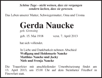 Traueranzeige von Gerda Naucke von Märkische Oderzeitung