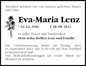 Traueranzeige von Eva-Maria Lenz von Märkische Oderzeitung