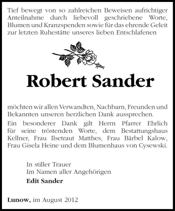 Traueranzeige von Robert Sander von Märkische Oderzeitung