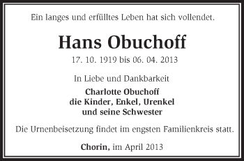 Traueranzeige von Hans Obuchoff von Märkische Oderzeitung