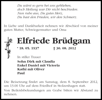 Traueranzeige von Elfriede Brüdgam von Märkische Oderzeitung