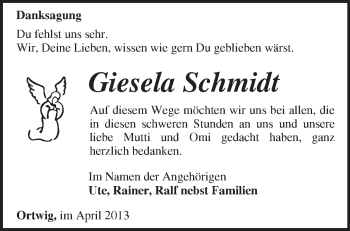 Traueranzeige von Giesela Schmidt von Märkische Oderzeitung