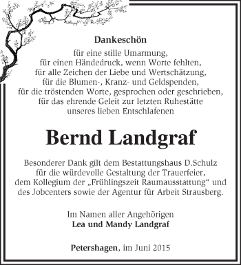 Traueranzeige von Bernd Landgraf von Märkische Oderzeitung