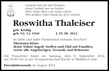 Traueranzeige von Roswitha Thaleiser von Märkische Oderzeitung