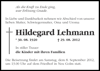 Traueranzeige von Hildegard Lehmann von Märkische Oderzeitung