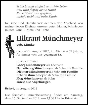 Traueranzeige von Hiltraut Münchmeyer von Märkische Oderzeitung