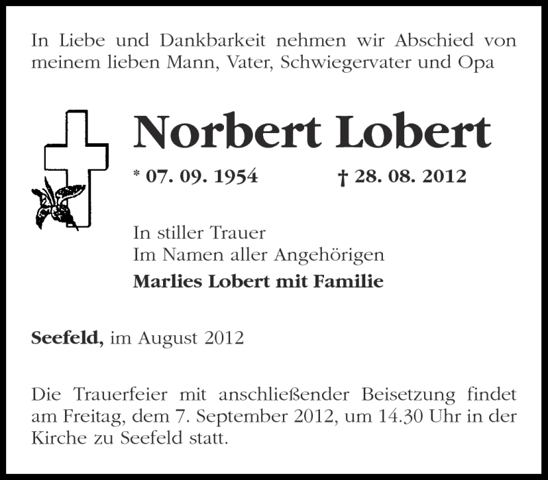  Traueranzeige für Norbert Lobert vom 01.09.2012 aus Märkische Oderzeitung