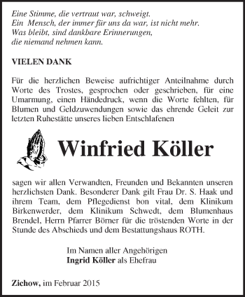 Traueranzeige von Winfried Köller von Märkische Oderzeitung