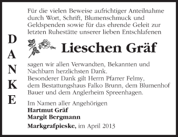 Traueranzeige von Lieschen Gräf von Märkische Oderzeitung