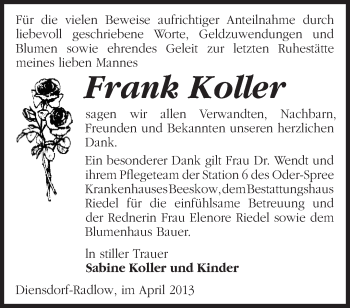 Traueranzeige von Frank Koller von Märkische Oderzeitung