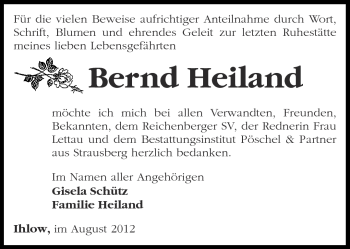 Traueranzeige von Bernd Heiland von Märkische Oderzeitung