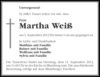 Traueranzeige von Martha Weiß von Märkische Oderzeitung