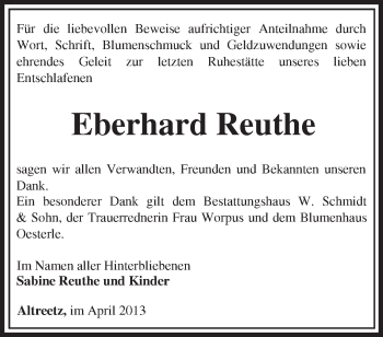 Traueranzeige von Eberhard Reuthe von Märkische Oderzeitung