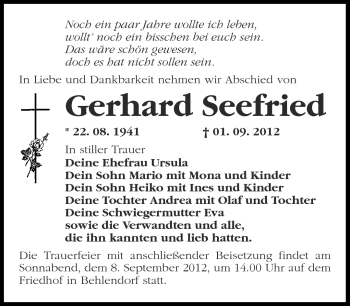 Traueranzeige von Gerhard Seefried von Märkische Oderzeitung