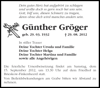 Traueranzeige von Günther Gröger von Märkische Oderzeitung