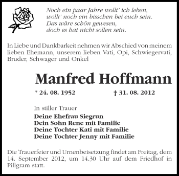 Traueranzeige von Manfred Hoffmann von Märkische Oderzeitung