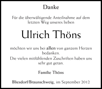 Traueranzeige von Ulrich Thöns von Märkische Oderzeitung