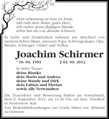 Traueranzeige von Joachim Schirmer von Märkische Oderzeitung