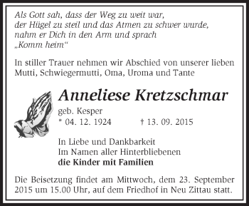 Traueranzeige von Anneliese Kretzschmar von Märkische Oderzeitung